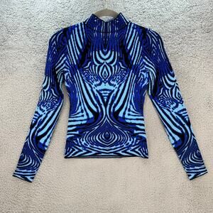 Karen Millen NWT XS Fitted Blue Pattern Sweater Body Con Mock Neck Modern Fitted